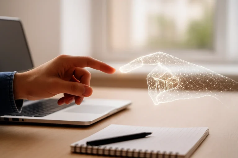 Main humaine et main numérique se touchant au-dessus d’un bureau, symbolisant la collaboration entre l’humain et l’intelligence artificielle dans les entreprises locales.