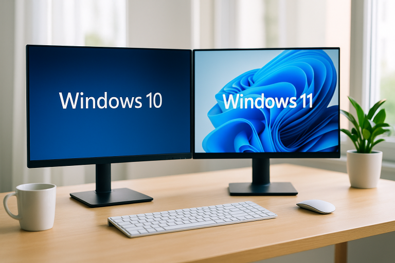 Deux écrans d’ordinateur côte à côte affichant Windows 10 et Windows 11, symbolisant une transition fluide vers le nouveau système.