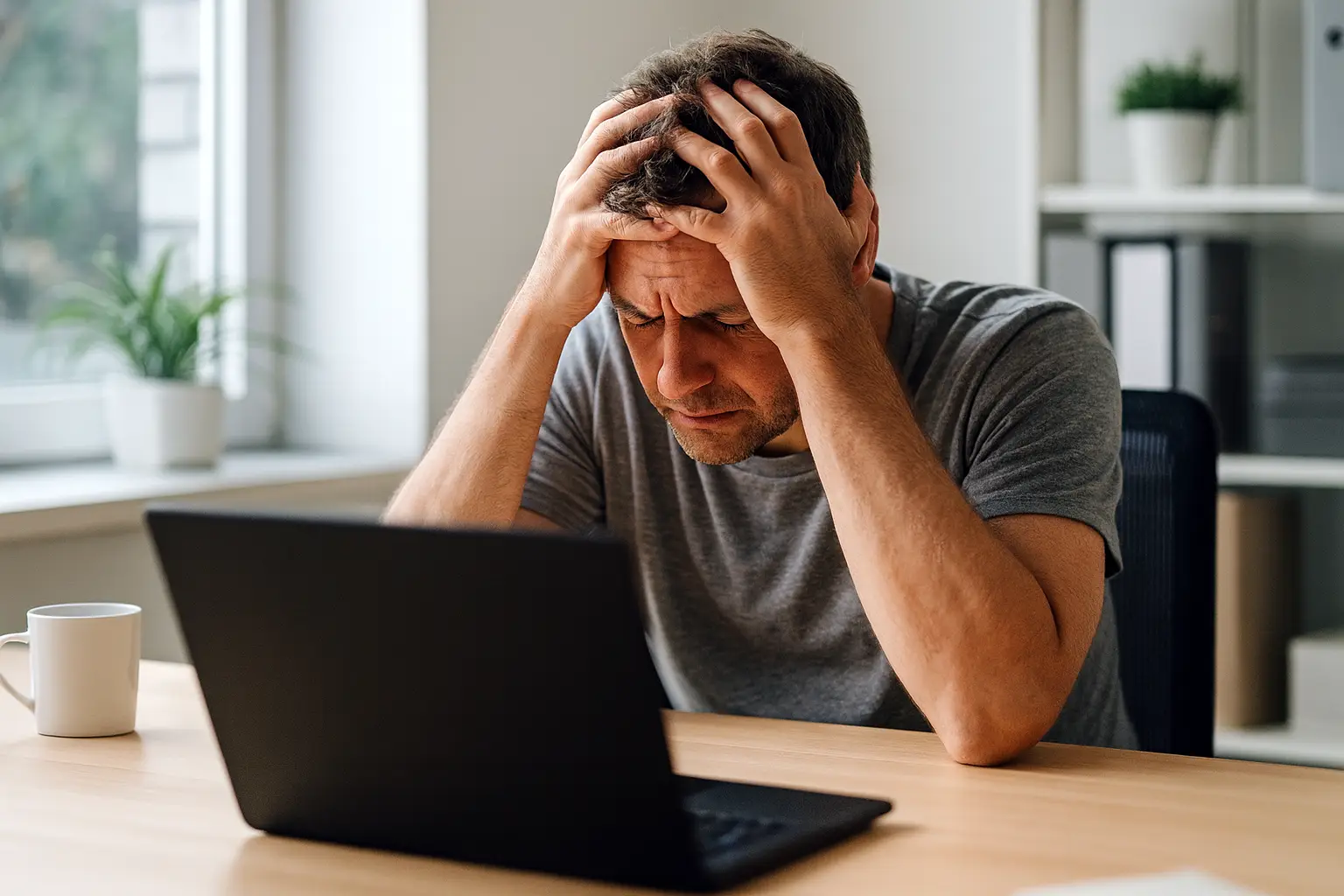 Personne adulte confrontée à une interface numérique complexe dans un environnement de travail, Art Média Services Formation