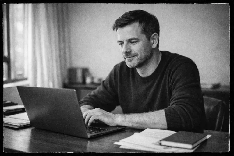 Homme concentré assis à son bureau devant un ordinateur portable, ambiance naturelle en noir et blanc