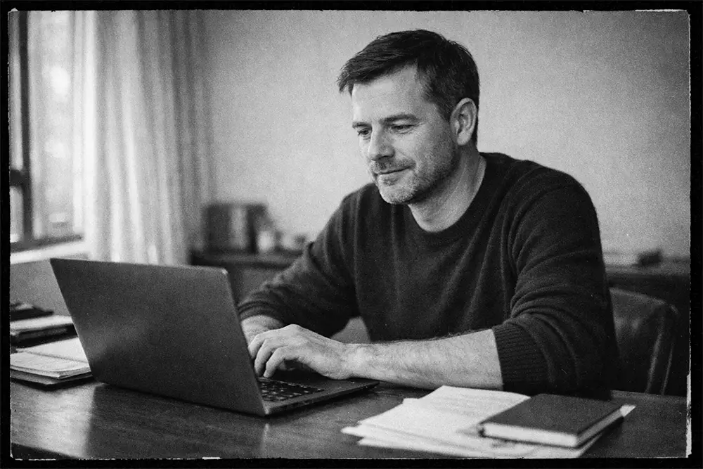 Homme concentré assis à son bureau devant un ordinateur portable, ambiance naturelle en noir et blanc