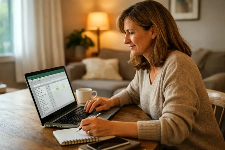 Femme travaillant chez elle sur un tableau Excel simple sur ordinateur portable, AMS Formation