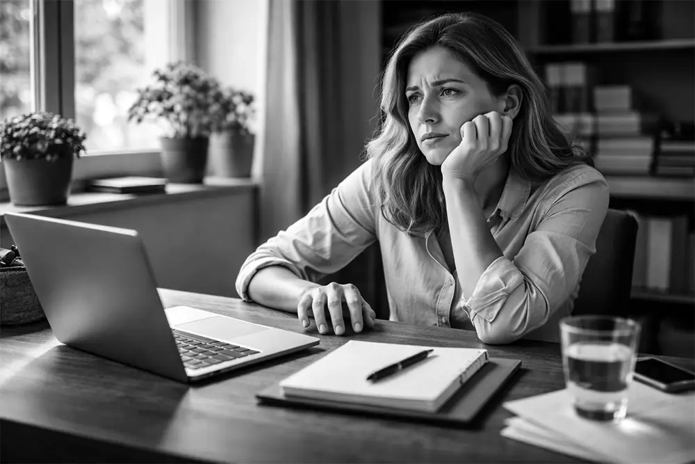 Personne frustrée devant un ordinateur lent dans un bureau calme, en attente devant son écran