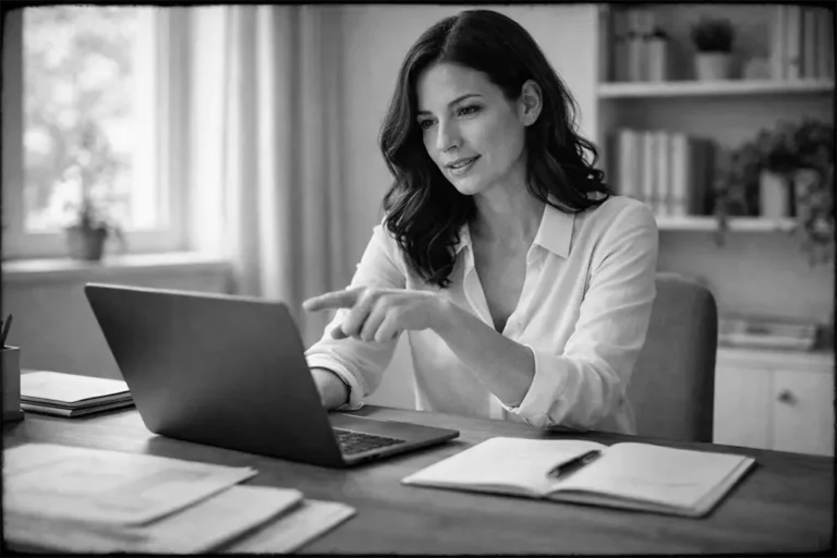 Femme d’une quarantaine d’années organisée expliquant un point sur ordinateur portable, bureau structuré avec documents rangés et ambiance naturelle en noir et blanc