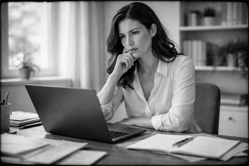 Femme d’une quarantaine d’années perplexe face à un ordinateur portable, bureau en désordre avec papiers et expression de frustration en noir et blanc