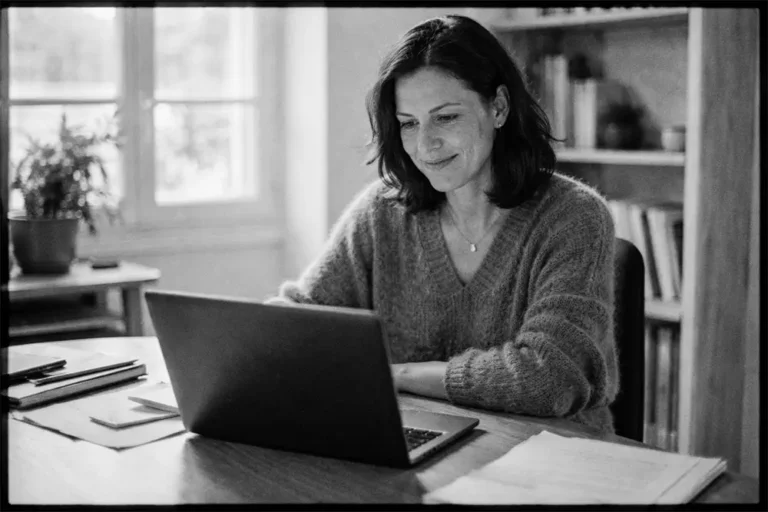Femme d’une quarantaine d’années travaillant sur ordinateur portable avec une expression satisfaite, bureau organisé et lumière naturelle en noir et blanc