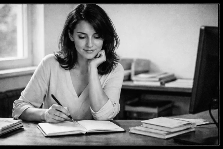 Femme brune réfléchissant devant deux carnets ouverts sur un bureau, stylo en main, ambiance calme en noir et blanc