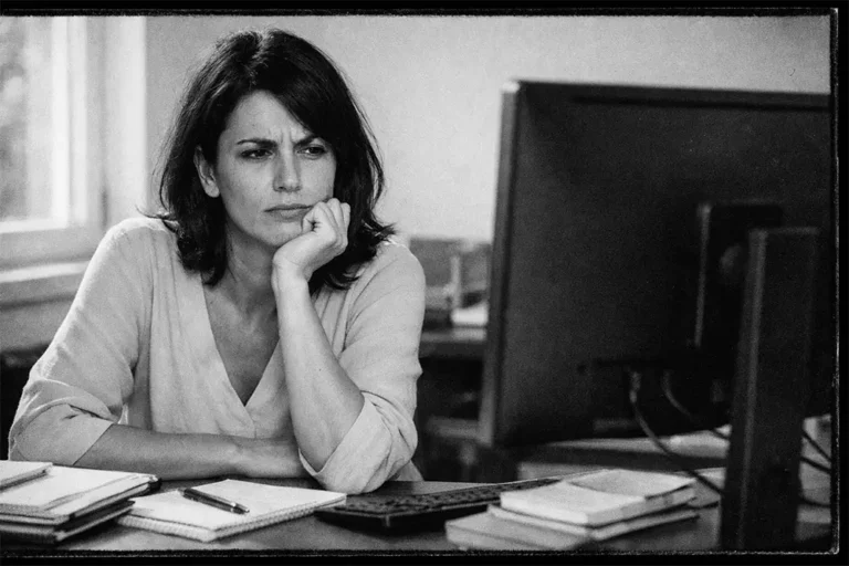 Femme brune assise à un bureau devant un écran d’ordinateur, l’air perplexe et légèrement contrarié, dans une ambiance éditoriale en noir et blanc