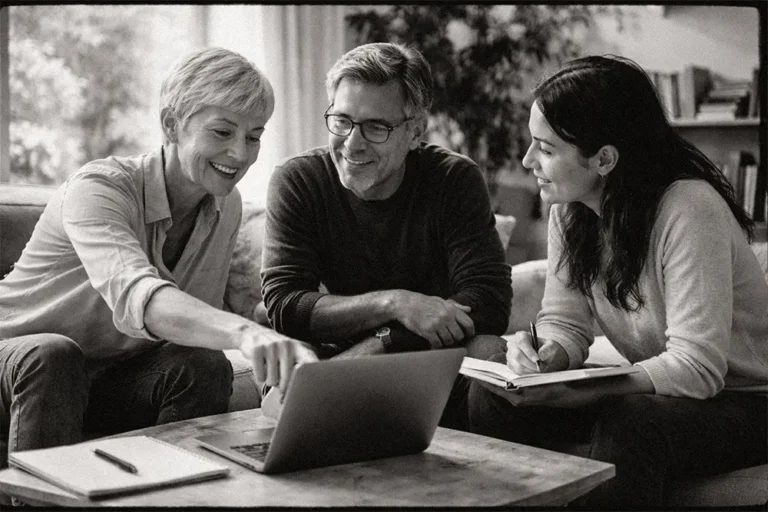 groupe de trois adultes en échange autour d’un ordinateur portable et de carnets dans un salon lumineux, ambiance de formation informelle en noir et blanc