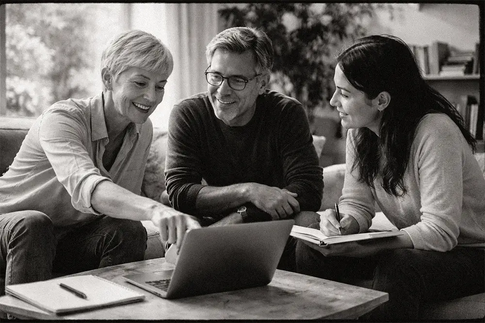 groupe de trois adultes en échange autour d’un ordinateur portable et de carnets dans un salon lumineux, ambiance de formation informelle en noir et blanc