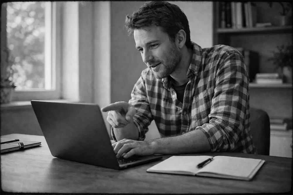 Homme d’une trentaine d’années concentré pointant l’écran de son ordinateur portable, bureau organisé et ambiance de travail calme en noir et blanc