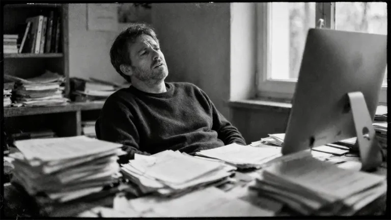 Homme débordé au bureau face à un ordinateur, entouré de piles de documents et papiers en désordre, expression de fatigue et de frustration en noir et blanc