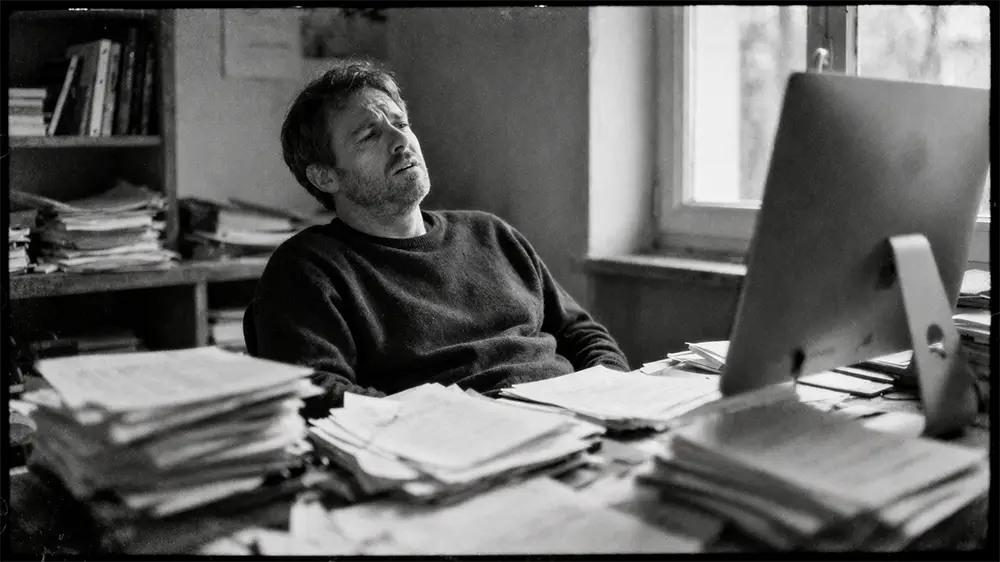 Homme débordé au bureau face à un ordinateur, entouré de piles de documents et papiers en désordre, expression de fatigue et de frustration en noir et blanc