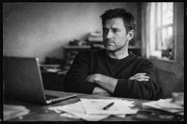 homme pensif bras croisés regardant ailleurs assis à un bureau avec papiers en désordre lumière naturelle ambiance fin de journée noir et blanc