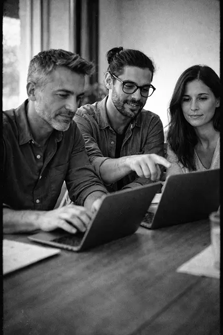 trois adultes en formation informatique collaborant autour d’ordinateurs portables dans un atelier professionnel à Annecy