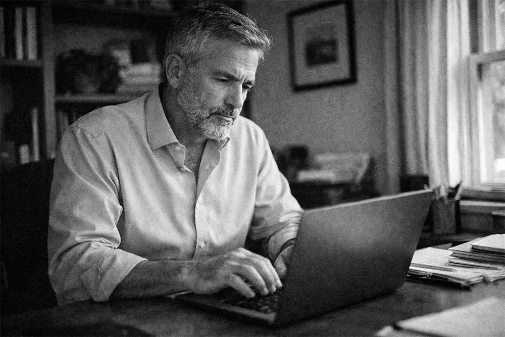 Homme d’affaires d’environ 50 ans aux cheveux gris, concentré, travaillant sur un ordinateur portable dans un bureau à domicile éclairé par la lumière naturelle