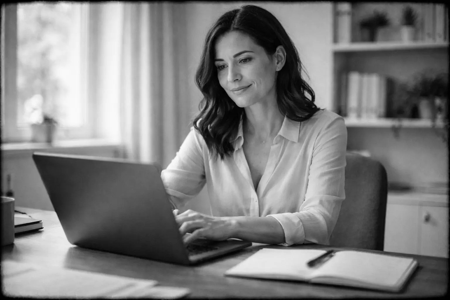 Femme confiante d’une quarantaine d’années travaillant sur ordinateur portable avec un sourire calme, bureau organisé et lumière naturelle en noir et blanc