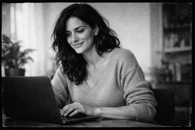 Femme souriante et soulagée devant un ordinateur portable dans un bureau à domicile en noir et blanc