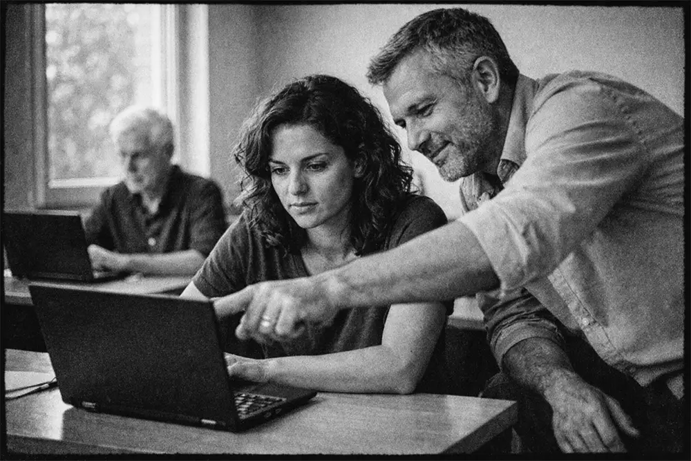 formateur accompagnant une apprenante sur ordinateur portable en salle de formation à Annecy ambiance naturelle en noir et blanc