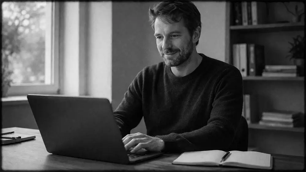 Homme concentré d’une trentaine d’années travaillant sur ordinateur portable avec un léger sourire, bureau organisé et lumière naturelle en noir et blanc