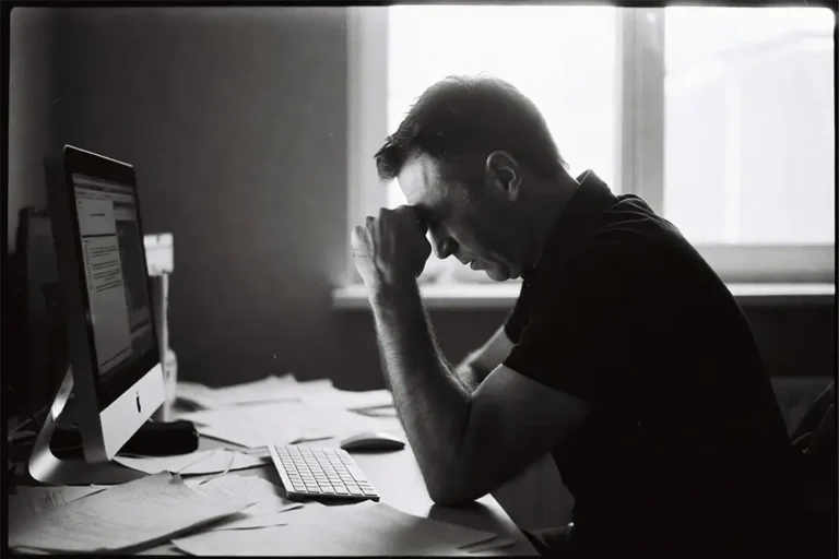 Homme stressé devant son ordinateur, dépassé par un document Word trop long