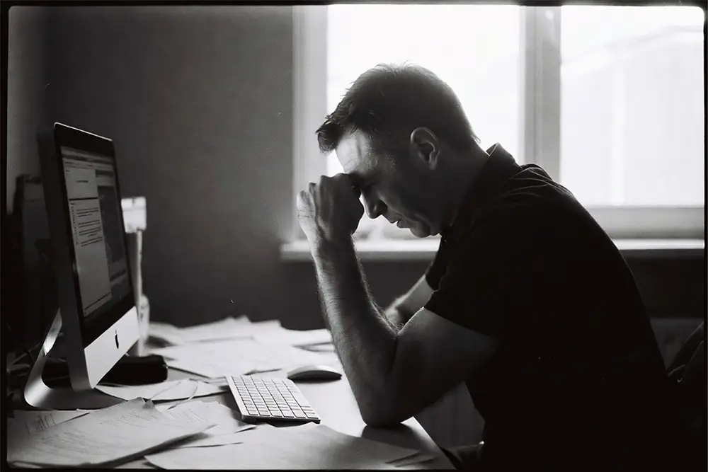 Homme stressé devant son ordinateur, dépassé par un document Word trop long