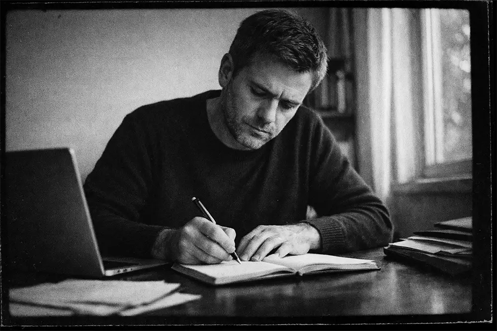 homme concentré écrivant dans un carnet sur bureau avec ordinateur portable lumière naturelle