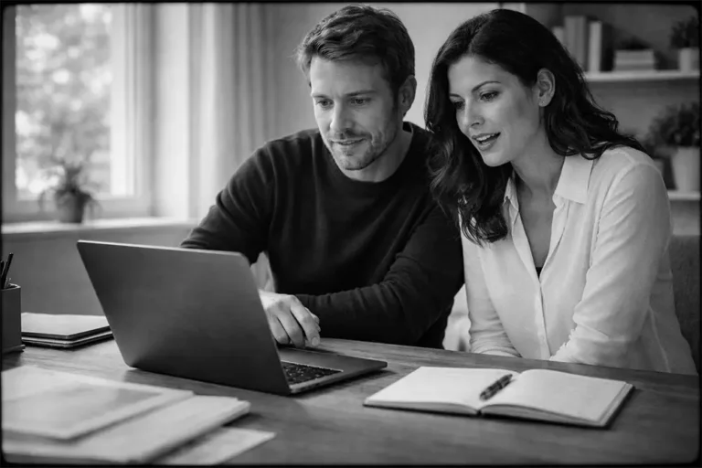 Homme et femme adultes découvrant quelque chose sur ordinateur portable avec expression curieuse, bureau organisé et lumière naturelle en noir et blanc