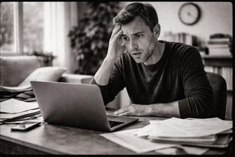 homme stressé devant un ordinateur portable entouré de papiers en désordre, pression du temps et surcharge de travail en noir et blanc