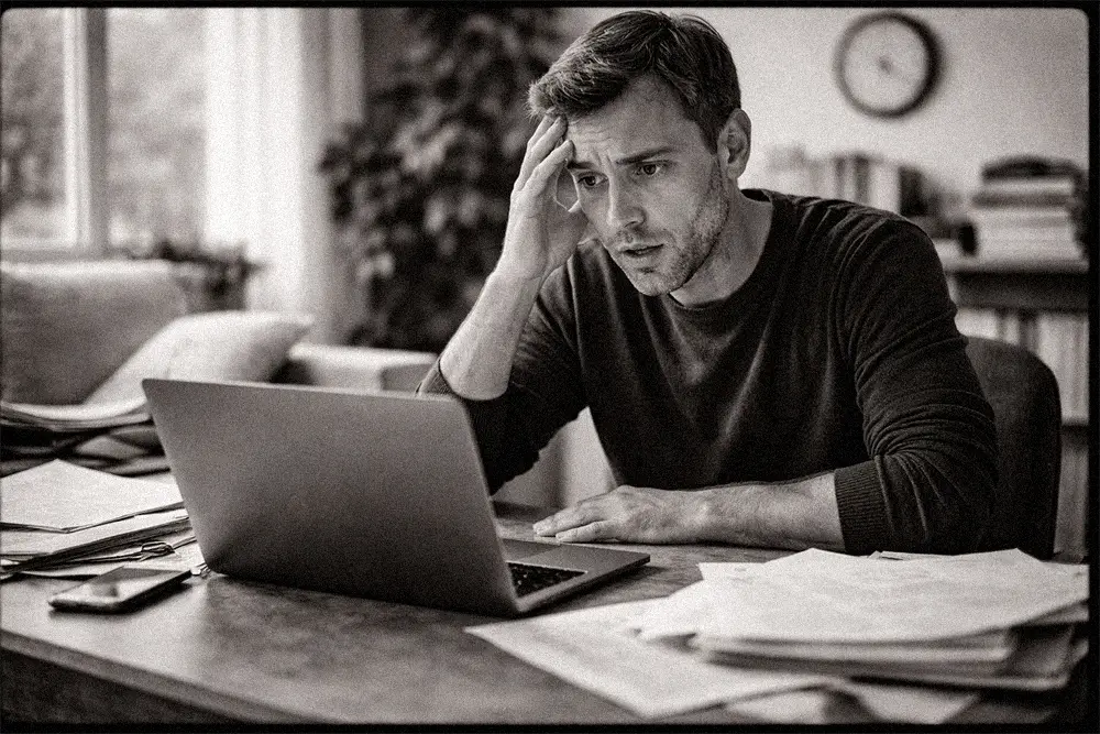 homme stressé devant un ordinateur portable entouré de papiers en désordre, pression du temps et surcharge de travail en noir et blanc