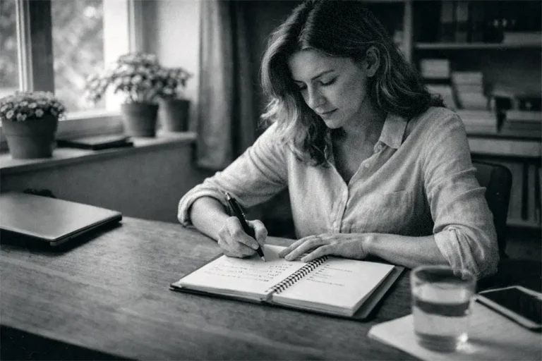 Personne concentrée organisant son travail sur un carnet dans un bureau calme et lumineux