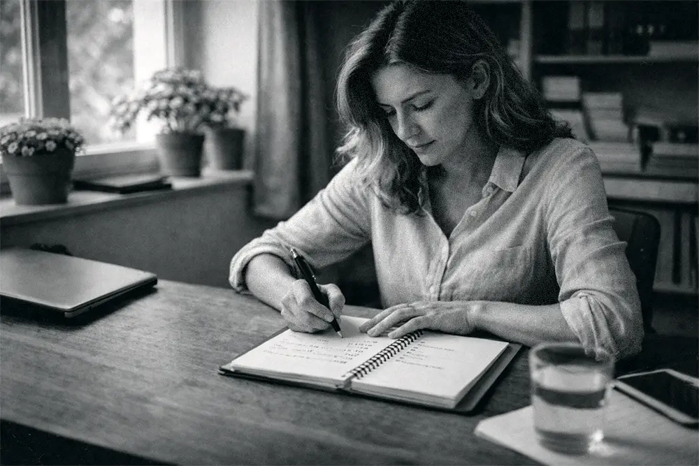 Personne concentrée organisant son travail sur un carnet dans un bureau calme et lumineux