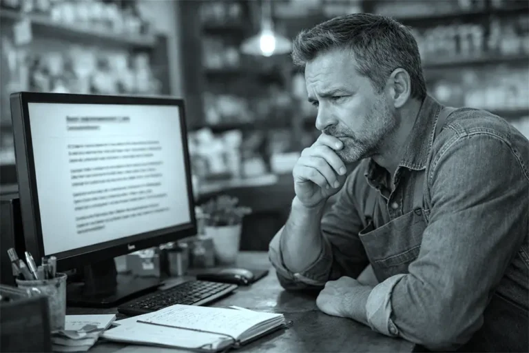 Propriétaire de petite entreprise regardant un texte généré par IA sur son écran, air perplexe dans sa boutique