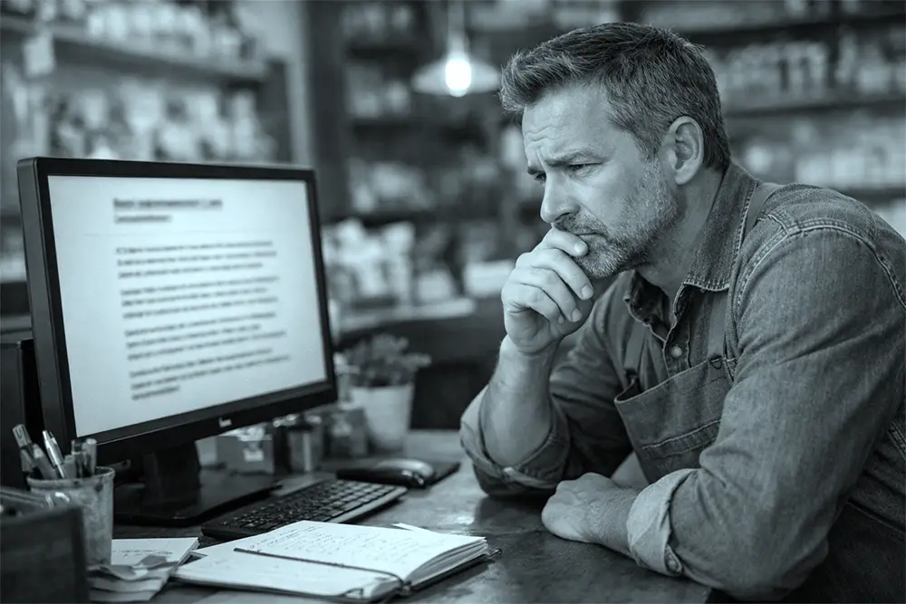 Propriétaire de petite entreprise regardant un texte généré par IA sur son écran, air perplexe dans sa boutique