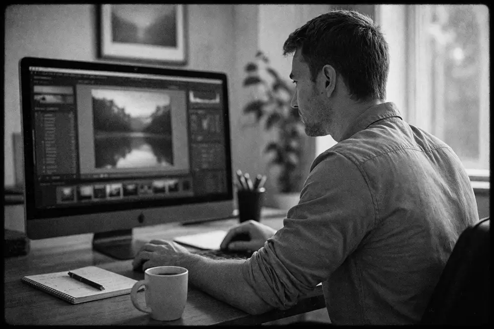 homme travaillant sur retouche photo sur ordinateur en formation informatique dans un environnement de bureau lumineux à Annecy