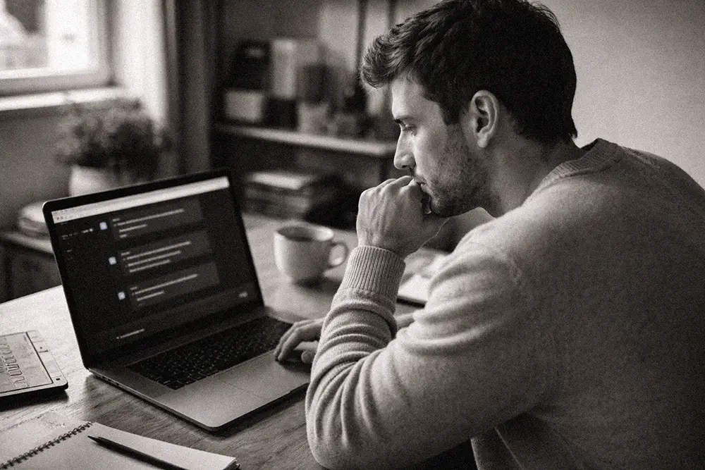 jeune adulte utilisant un chatbot IA sur ordinateur portable à domicile dans un environnement de travail calme et naturel