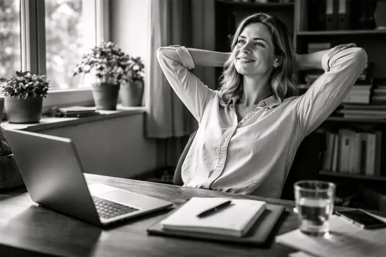 Personne soulagée après avoir terminé un travail sur ordinateur dans un bureau calme et lumineux