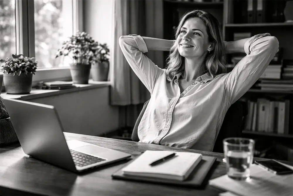 Personne soulagée après avoir terminé un travail sur ordinateur dans un bureau calme et lumineux