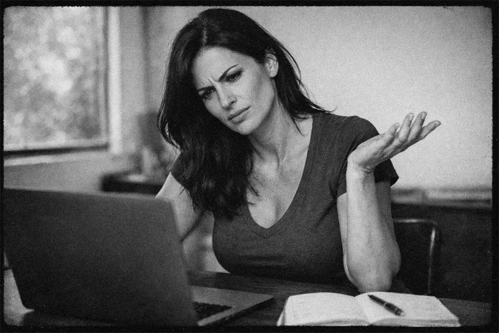 femme de 45 ans perplexe devant un ordinateur portable au bureau lumière naturelle ambiance noir et blanc style photographie argentique