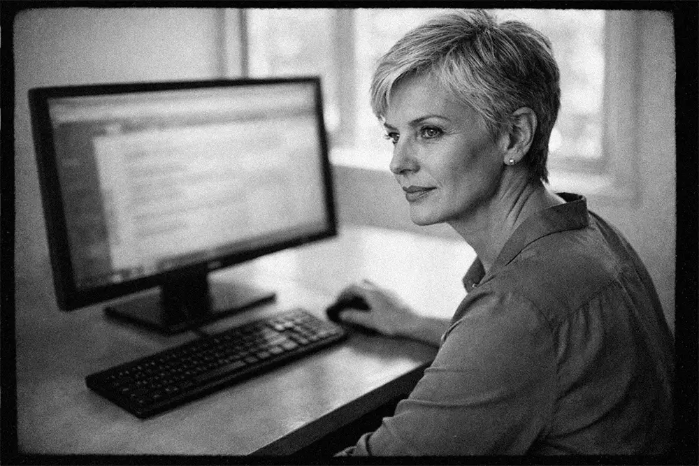 Femme de 50 ans concentrée devant un écran d’ordinateur dans un bureau minimaliste en noir et blanc