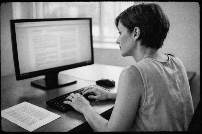 Femme concentrée tapant au clavier face à un écran d’ordinateur avec document imprimé sur un bureau dans un espace de travail lumineux