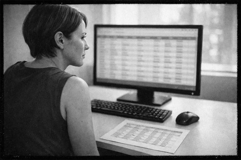 Femme concentrée travaillant sur un écran affichant un tableur, bureau minimaliste, photo éditoriale noir et blanc