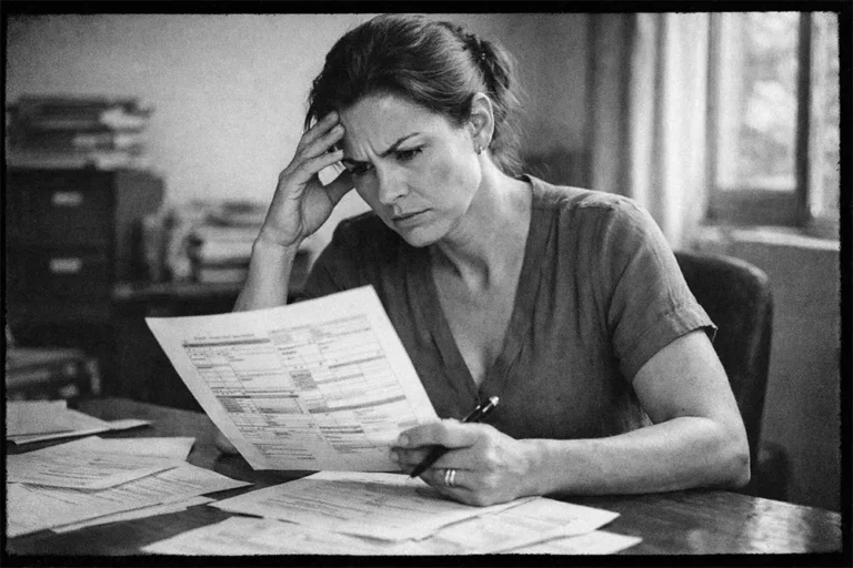 Femme concentrée et frustrée analysant un document avec tableaux mal alignés dans un bureau lumineux
