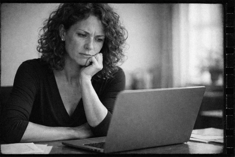Femme rousse aux cheveux bouclés regardant un ordinateur portable avec une expression perplexe, lumière naturelle et ambiance éditoriale noir et blanc