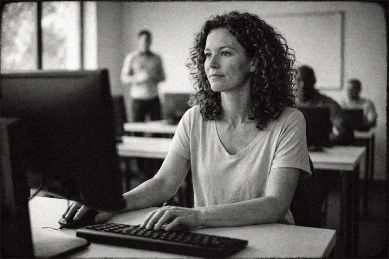 Femme de 40 ans aux cheveux roux bouclés et taches de rousseur en formation informatique, concentrée devant un ordinateur