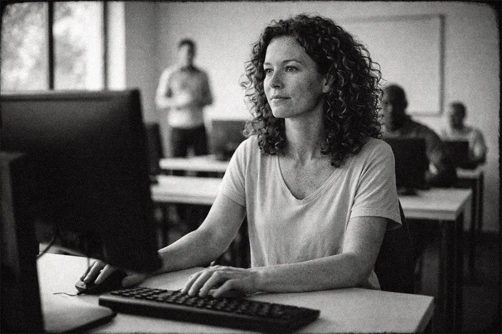 Femme de 40 ans aux cheveux roux bouclés et taches de rousseur en formation informatique, concentrée devant un ordinateur