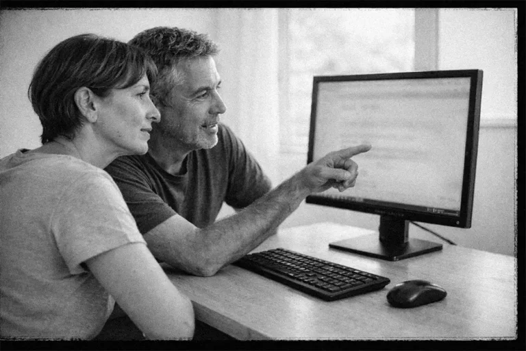 Couple d’adultes en formation informatique regardant un écran d’ordinateur ensemble, homme pointant l’écran dans un bureau lumineux à Annecy