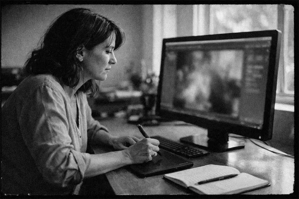 Femme concentrée d’environ 40 ans retouchant une photo sur tablette graphique devant un grand écran dans un studio lumineux, style photographie éditoriale noir et blanc argentique