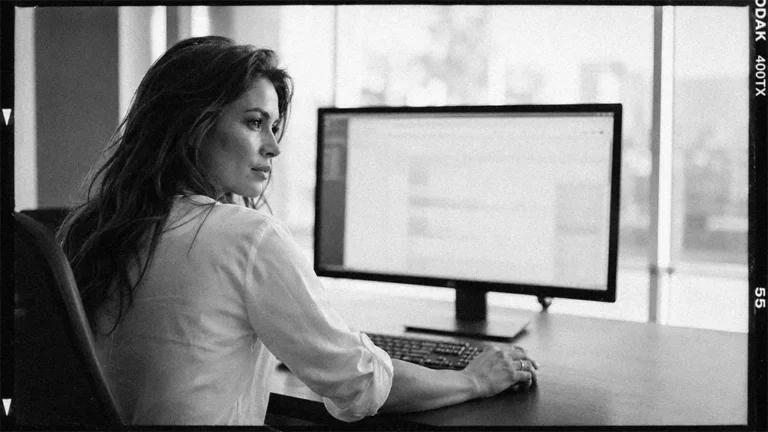 Femme assise devant un écran d’ordinateur dans un bureau moderne, photographie éditoriale noir et blanc style film 35mm