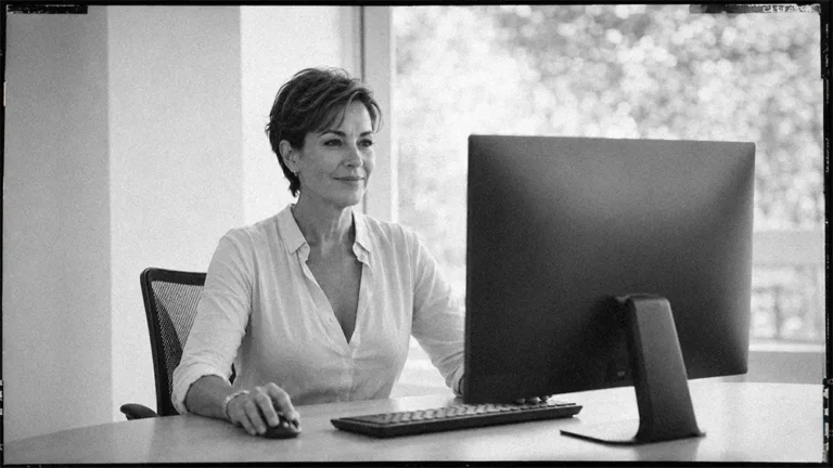 Femme mature travaillant sur ordinateur dans un bureau moderne lumineux en noir et blanc
